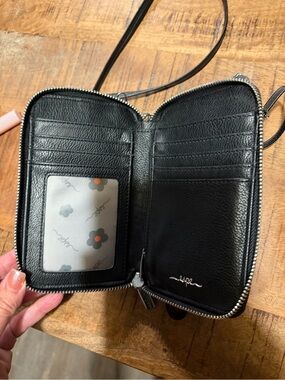 Sage Black Pebbled Leather Zip-Around Card Wallet Crossbody